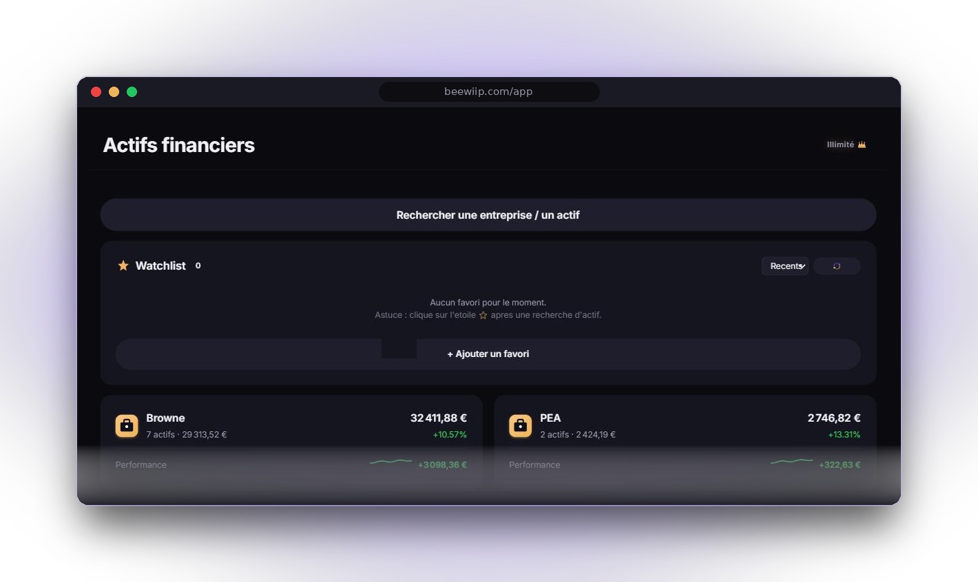 Page Actifs : portefeuilles PEA, CTO et crypto avec performance